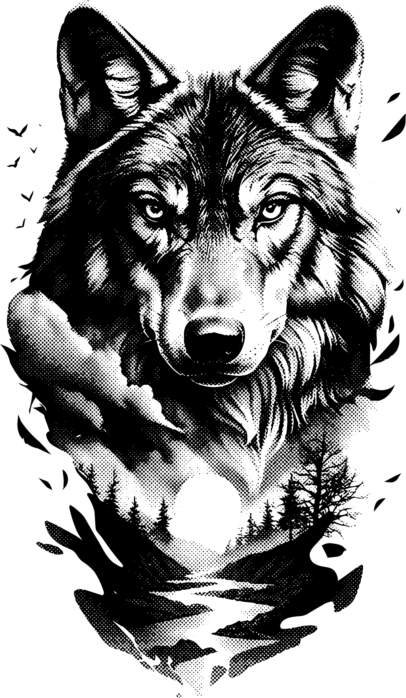 Black and white wolf illustration with a forest and mountain design, shown on a white background with a thin black border. Small text in the lower left reads 9x5 in.