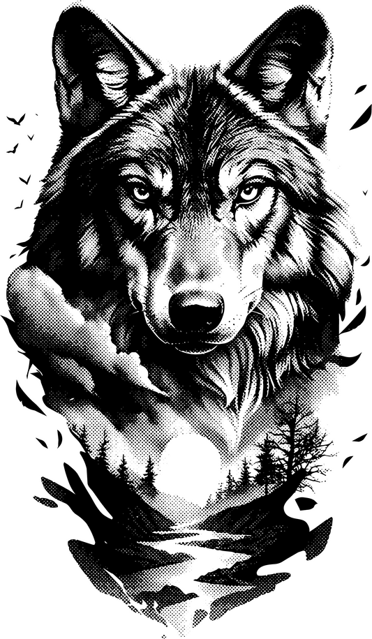 Black and white wolf illustration with a forest and mountain design, shown on a white background with a thin black border. Small text in the lower left reads 9x5 in.