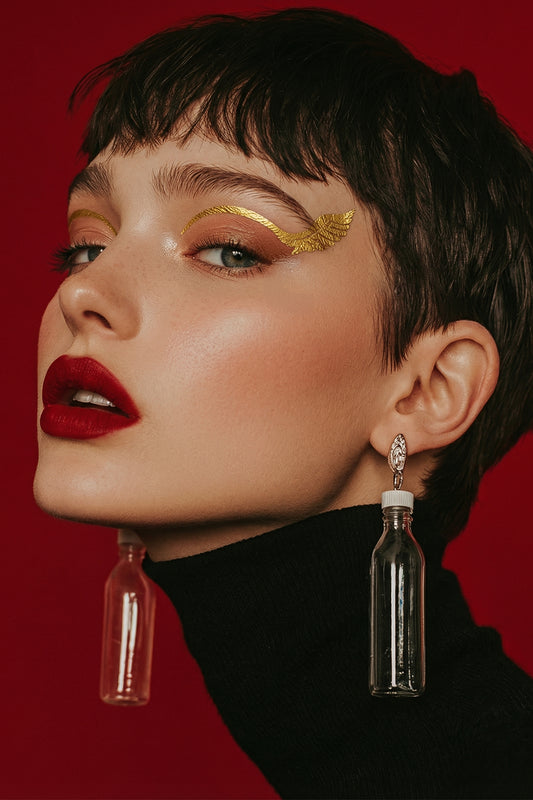 Woman with red lipstick and gold eye makeup against a red background