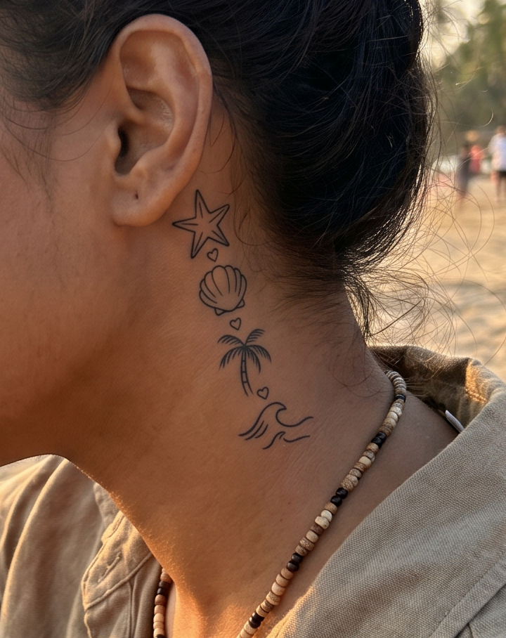 Malibu — vertical stack of beach elements — starfish, seashell, palm tree, ocean waves, hearts semi permanent tattoo, 6×1.5 inch, for back or chest