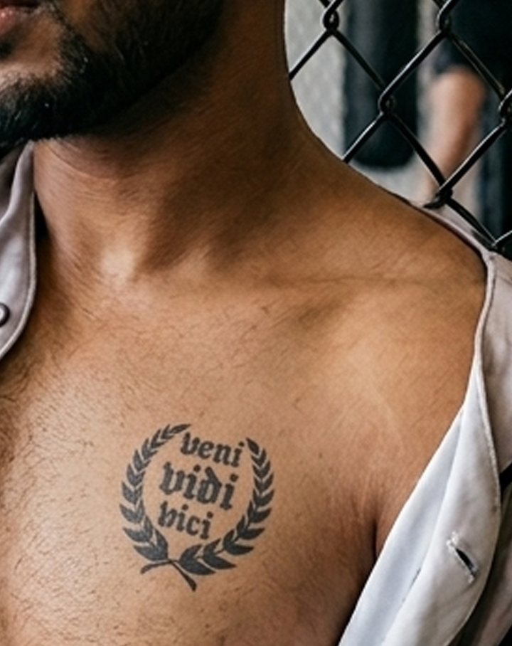 Veni Vidi Vici — Latin phrase "veni vidi vici" in Blackletter, surrounded by laurel wreath semi permanent tattoo, 3×3 inch, for inner forearm or calf