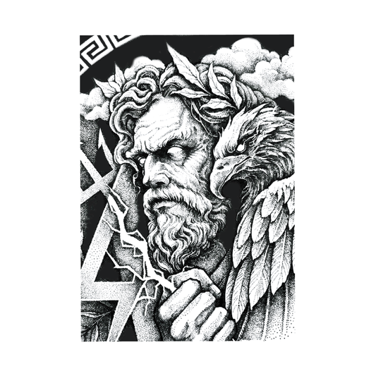 Olympus — neoclassical Zeus semi-permanent tattoo with lightning bolt, eagle, laurel wreath, and Greek key pattern in heavy dotwork stippling