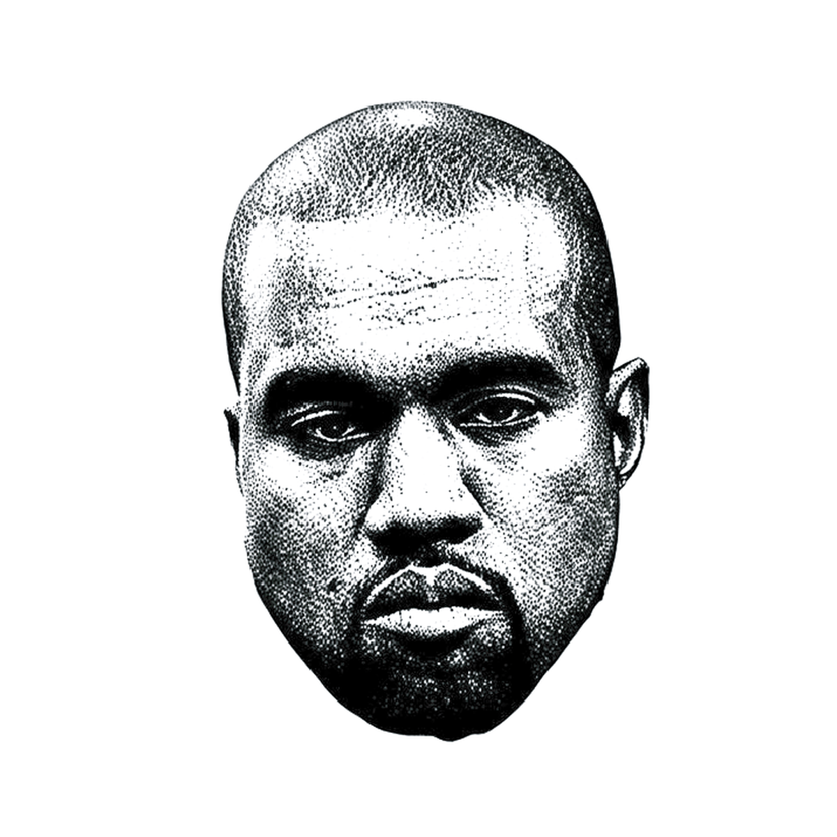 Kanye — small dotwork portrait of Kanye West in fine stippling, 2×2 inch semi-permanent tattoo for forearm or behind ear