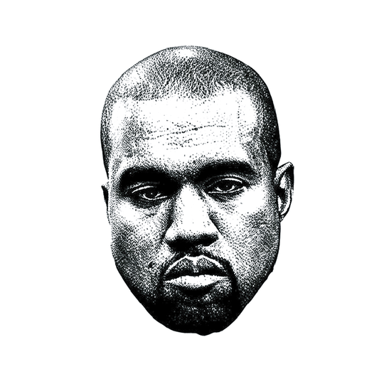 Kanye — small dotwork portrait of Kanye West in fine stippling, 2×2 inch semi-permanent tattoo for forearm or behind ear