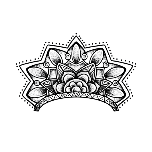 Lotus Crown — half-mandala lotus semi-permanent tattoo in dotwork and line, 4×4 inch, for sternum, upper back, or hip