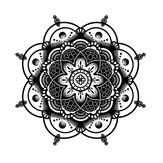 Sahasrara — full crown-chakra mandala semi-permanent tattoo in heavy dotwork and line work, 4×4 inch for sternum, back, or thigh