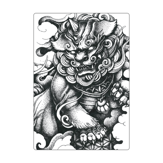 The Guardian — Foo Dog Chinese guardian lion semi-permanent tattoo in heavy dotwork with cloud motifs, 10×7 inch for thigh, sleeve, or back