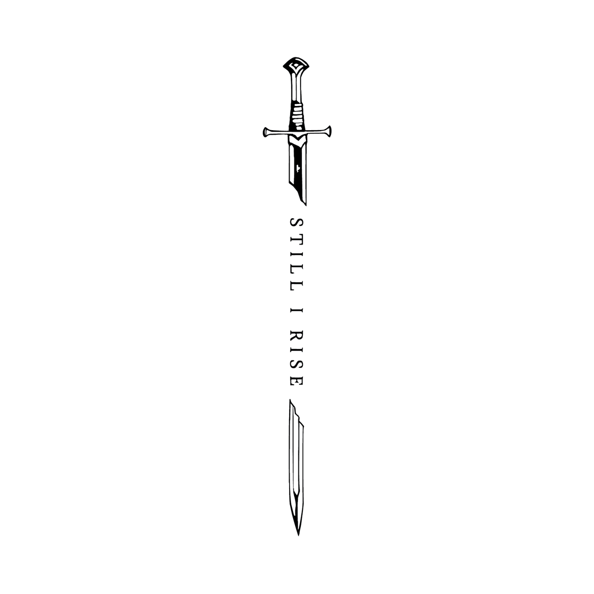 Reforged — vertical semi-permanent tattoo with whole sword, STILL I RISE serif text, and broken sword fragment, 5×1 inch for spine or forearm