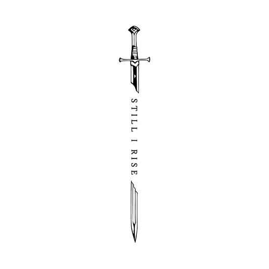 Reforged — vertical semi-permanent tattoo with whole sword, STILL I RISE serif text, and broken sword fragment, 5×1 inch for spine or forearm