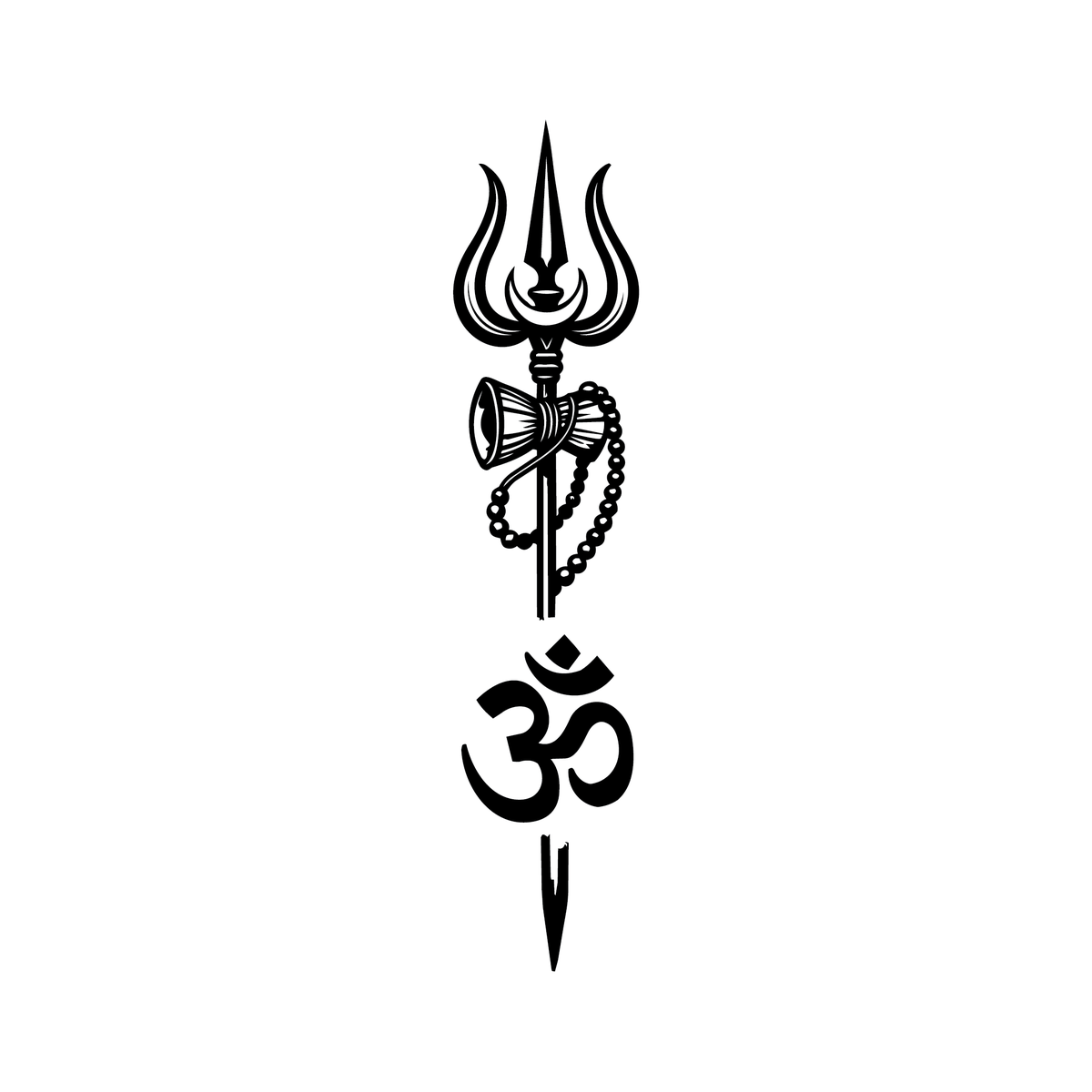 Trishul — Shiva trident semi-permanent tattoo with damaru bell, rudraksha mala, and Om symbol, 6×1.5 inch vertical strip for spine or forearm