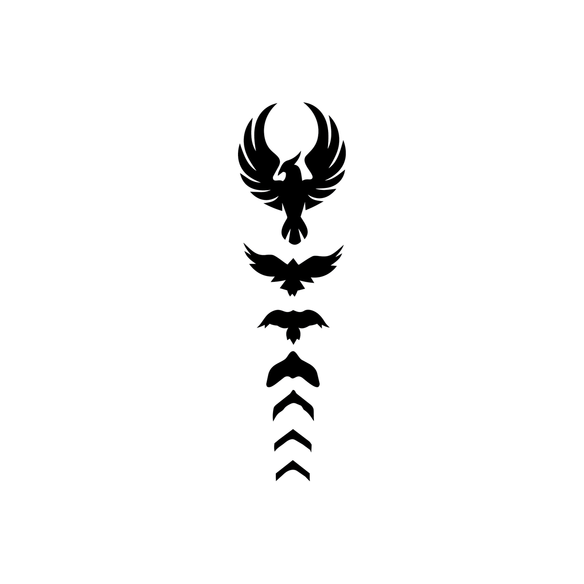 Ascend — phoenix at top with sequence of birds descending into chevron arrows — story of taking flight semi permanent tattoo, 3×3 inch, for forearm or calf