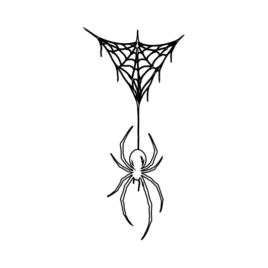 Hanging Spider — spider hanging on a single thread from a torn cobweb above semi permanent tattoo, 3×1.5 inch, for inner forearm or ribcage