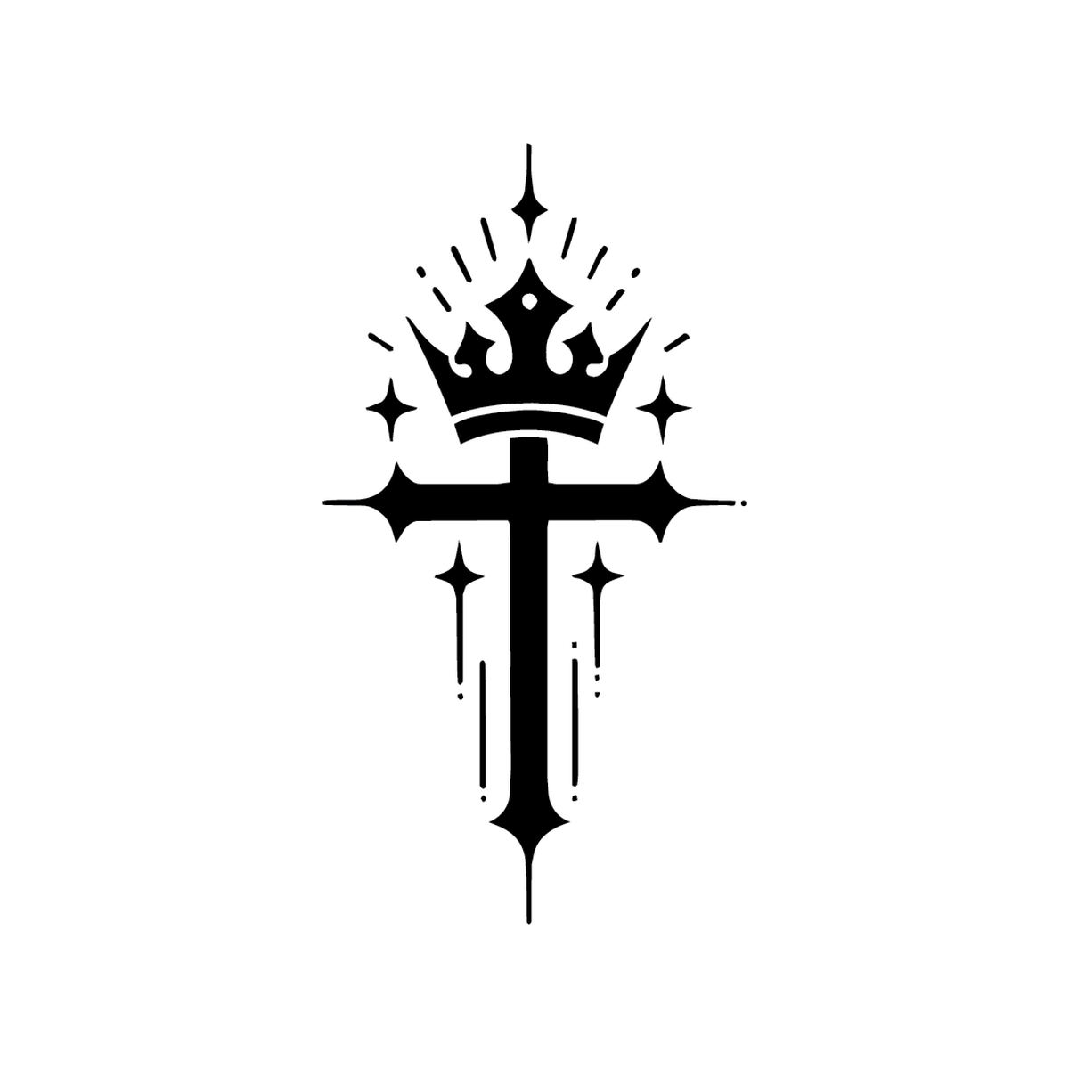 Crown of Life — crown sitting atop a cross with four-pointed stars and divine ray detailing semi permanent tattoo, 3×1.5 inch, for inner forearm or spine