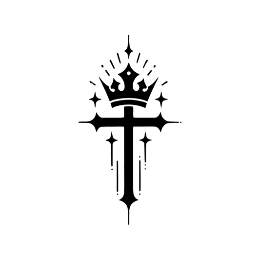 Crown of Life — crown sitting atop a cross with four-pointed stars and divine ray detailing semi permanent tattoo, 3×1.5 inch, for inner forearm or spine