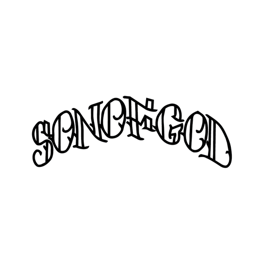 Son of God — Sons of God lettering with halo semi permanent tattoo, 3×1 inch, for inner forearm or spine