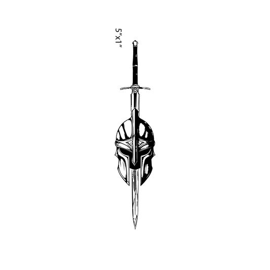 Leonidas — Spartan/Corinthian helmet and vertical sword — Leonidas-style warrior emblem semi permanent tattoo, 3×1.5 inch, for inner forearm or spine