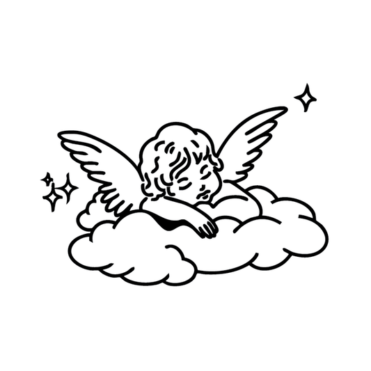 Cherub Angel — cherub angel with halo, baroque/Renaissance line work semi permanent tattoo, 3×3 inch, for inner forearm or calf