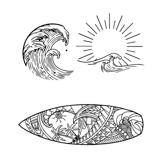 Beach Set — 3-pack beach theme: surfer riding wave, wave with sun, surfboard with artwork semi permanent tattoo, 3×1 inch, for inner forearm or collarbone