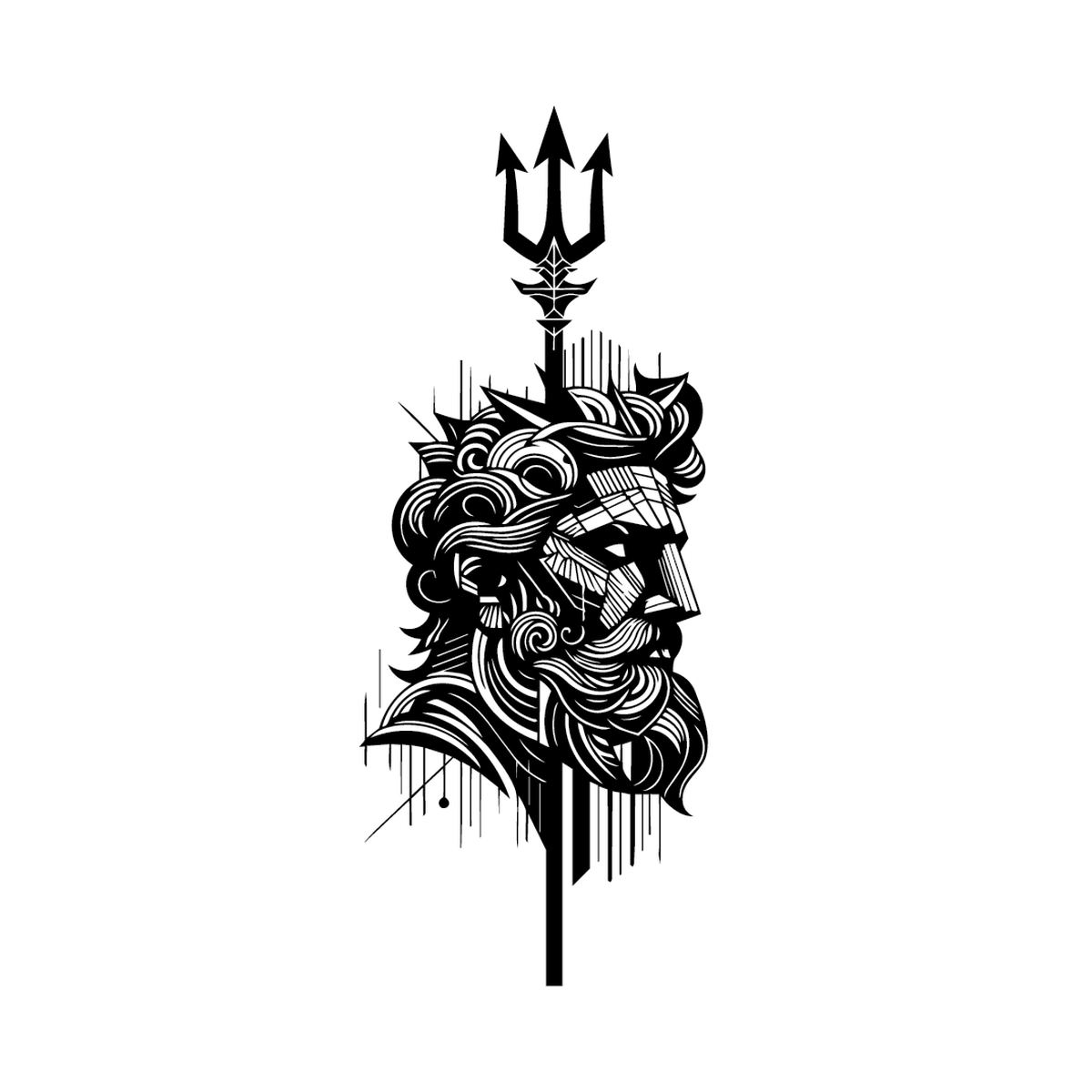 Poseidon — Poseidon trident with rudraksha mala — sea-god weapon in spiritual form semi permanent tattoo, 3×1.5 inch, for spine or inner forearm