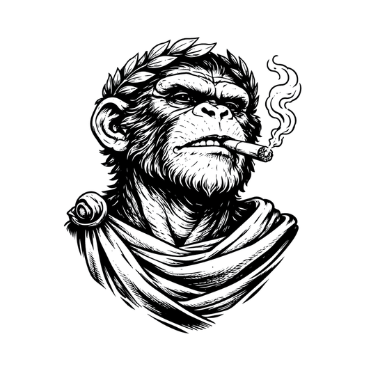 Bape — BAPE ape styled as Emperor Caesar on a throne with laurel wreath and cigar semi permanent tattoo, 3×3 inch, for forearm or calf