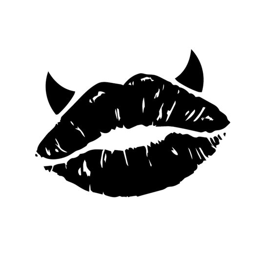 Kiss & Tell — lips with vampire fangs — kiss with a bite semi permanent tattoo, 2×2 inch, for inner forearm or wrist