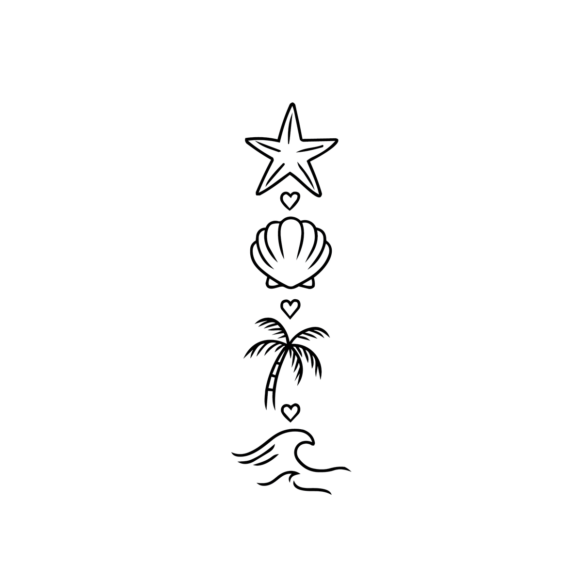 Malibu — vertical stack of beach elements — starfish, seashell, palm tree, ocean waves, hearts semi permanent tattoo, 6×1.5 inch, for back or chest