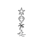 Malibu — vertical stack of beach elements — starfish, seashell, palm tree, ocean waves, hearts semi permanent tattoo, 6×1.5 inch, for back or chest