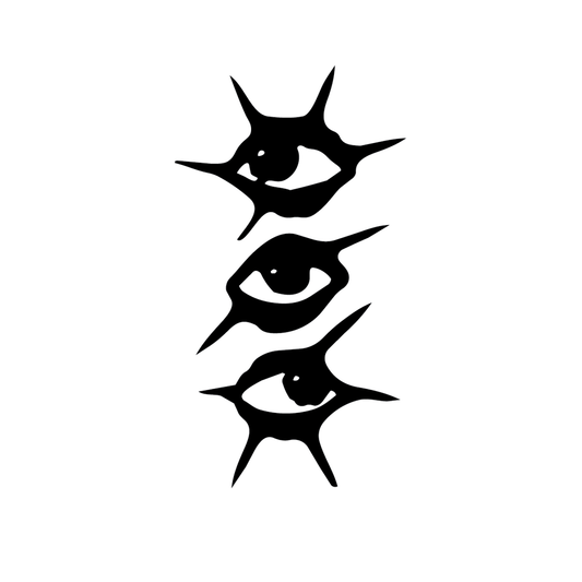 Piercing Eyes — eye + crescent moon vertical minimal semi permanent tattoo, 3×1.5 inch, for inner forearm or spine