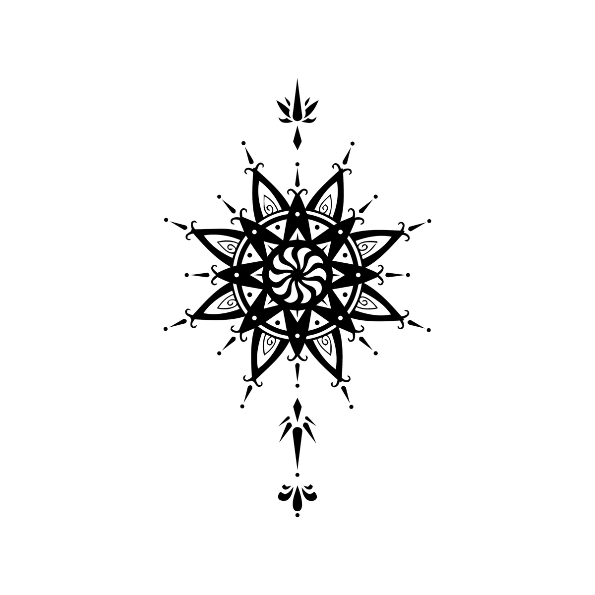 Dual Harmony — tribal/sacred-geometry compass mandala semi permanent tattoo, 7×4 inch, for back or chest