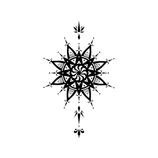 Dual Harmony — tribal/sacred-geometry compass mandala semi permanent tattoo, 7×4 inch, for back or chest