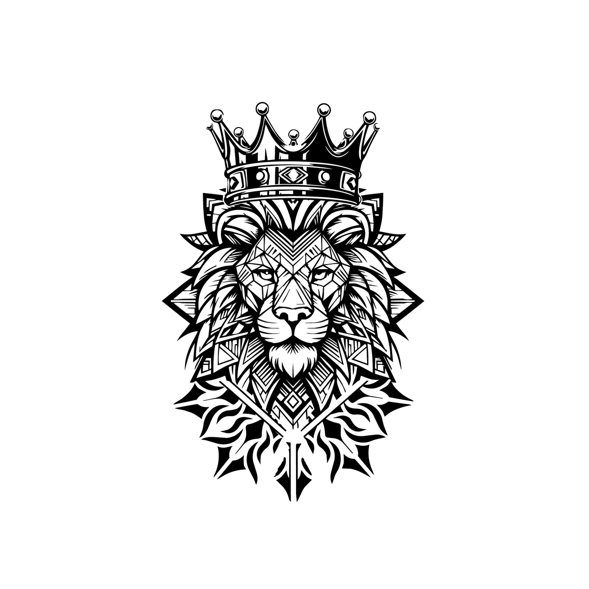Lion King — abstract regal lion with crown — Maharaja styling semi permanent tattoo, 3×3 inch, for forearm or calf