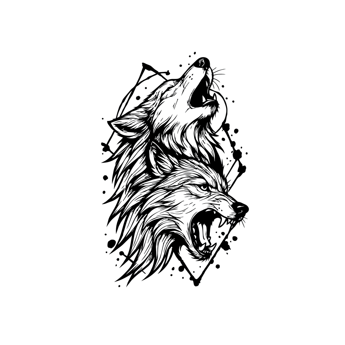 Alpha — dual wolves — one howling at the moon, one snarling with fierce intensity, framed by sharp geometric lines and ink splatters semi permanent tattoo, 7×4 inch, for inner forearm or ribcage