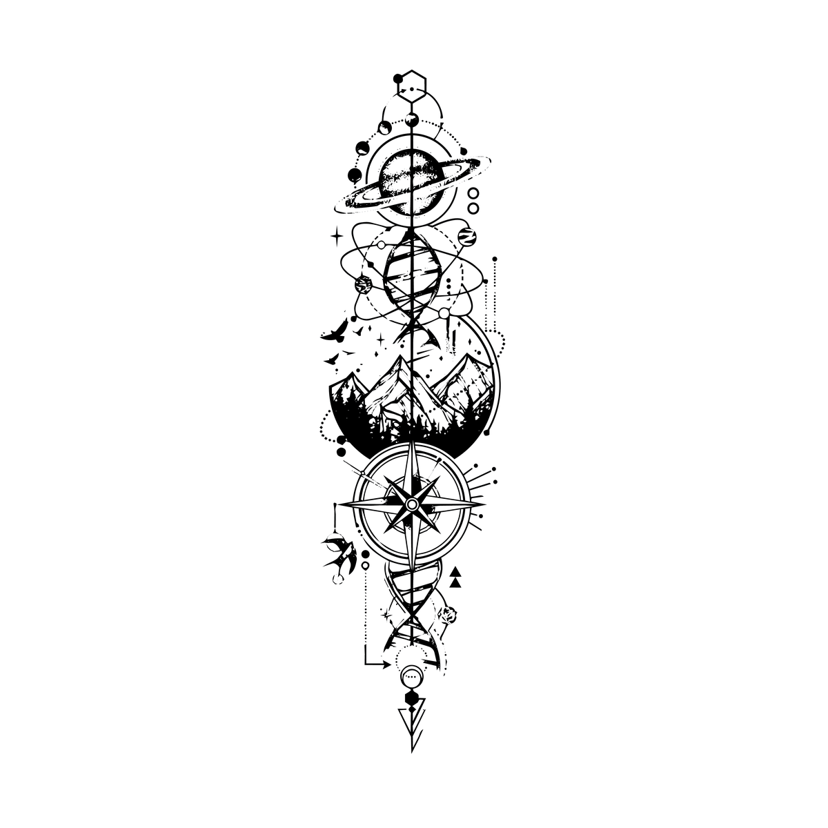 Odyssey — full-sleeve cosmos + nature — Saturn, orbiting celestial bodies, DNA helix, mountains, nautical compass semi permanent tattoo, 12×3.5 inch, for inner forearm or spine