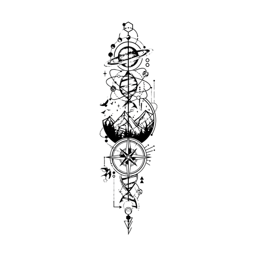Odyssey — full-sleeve cosmos + nature — Saturn, orbiting celestial bodies, DNA helix, mountains, nautical compass semi permanent tattoo, 12×3.5 inch, for inner forearm or spine