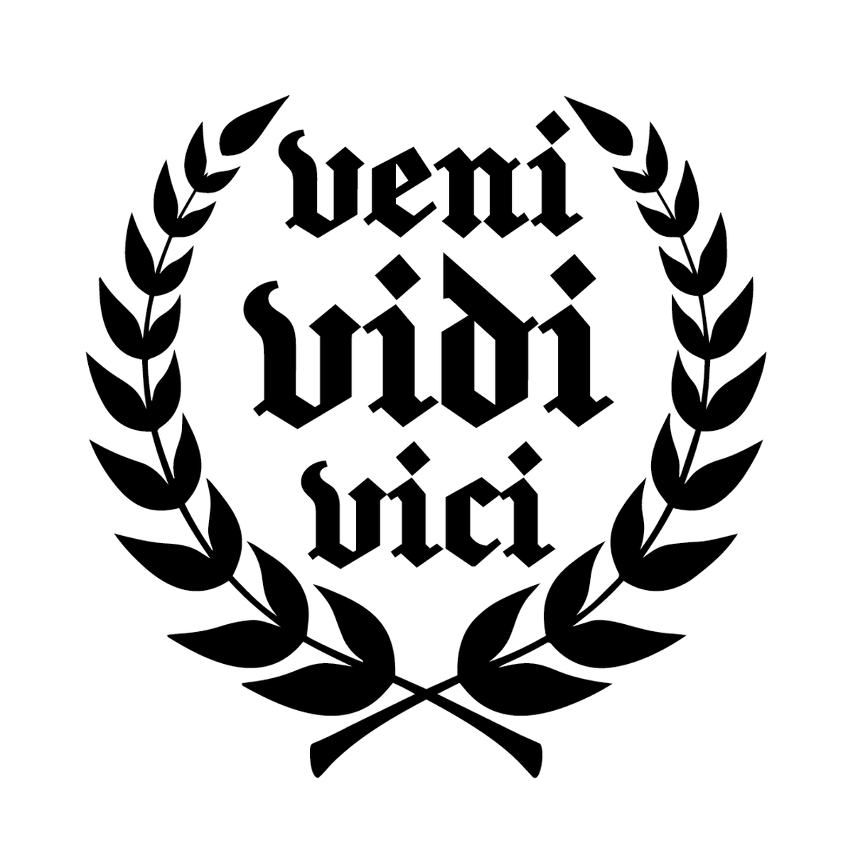 Veni Vidi Vici — Latin phrase "veni vidi vici" in Blackletter, surrounded by laurel wreath semi permanent tattoo, 3×3 inch, for inner forearm or calf