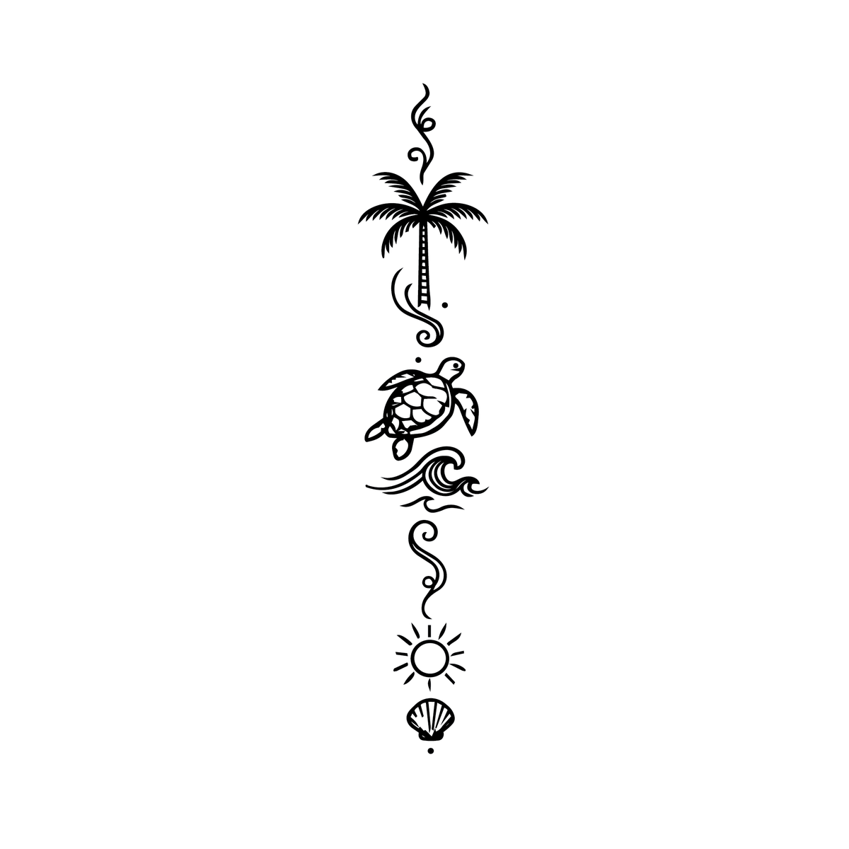 Aloha — vertical journey down the coastline — palm tree, sea turtle, waves, sun, scallop shell semi permanent tattoo, 6×1.5 inch, for spine or inner forearm