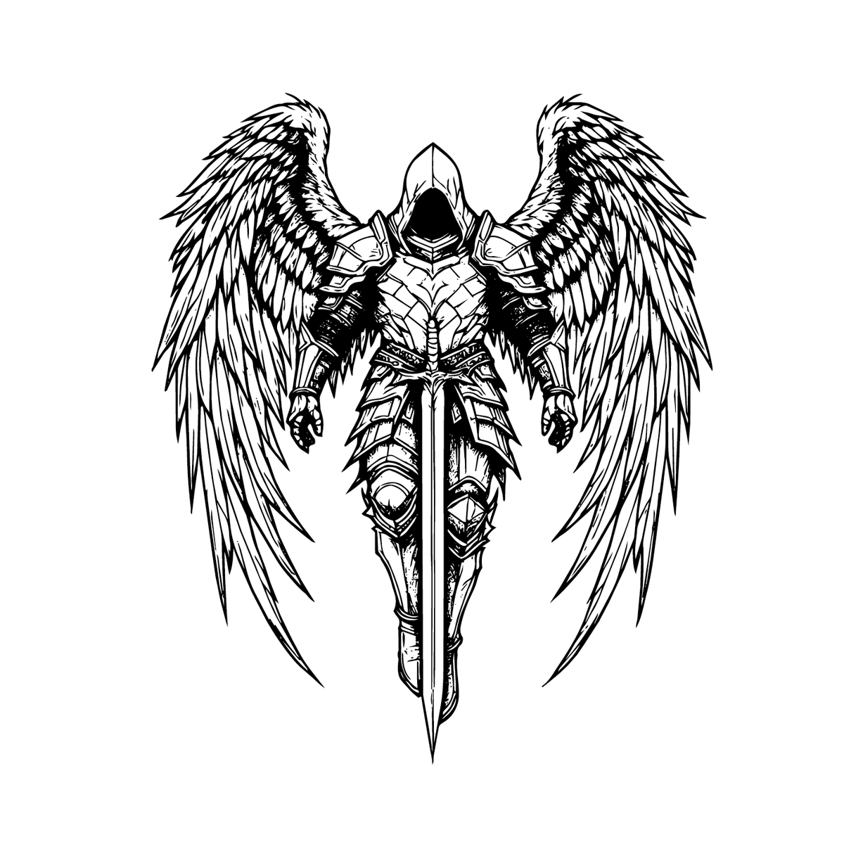 Assassin's Mark — hooded warrior in plate armor with feathered wings and longsword — Assassin's Creed aesthetic semi permanent tattoo, 3×3 inch, for inner forearm or calf