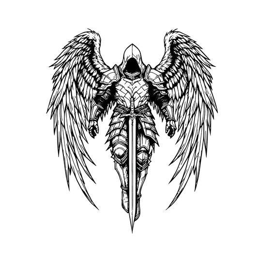 Assassin's Mark — hooded warrior in plate armor with feathered wings and longsword — Assassin's Creed aesthetic semi permanent tattoo, 3×3 inch, for inner forearm or calf