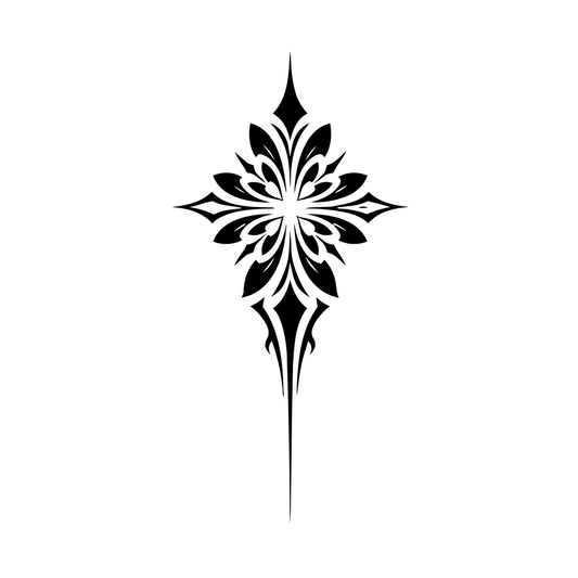 Lotus Spear — lotus petals fused with vertical spear-like structure semi permanent tattoo, 3×1.5 inch, for inner forearm or spine