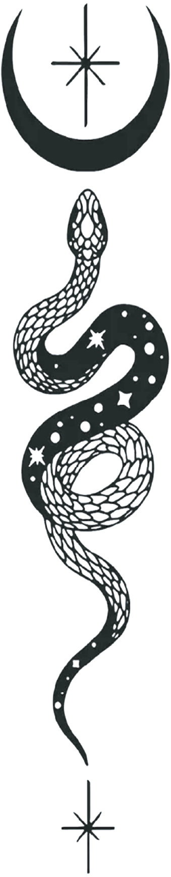 Astral Serpent — fine-line celestial snake with crescent moon and stars, semi permanent tattoo, 6x1.5 inch, for spine or forearm