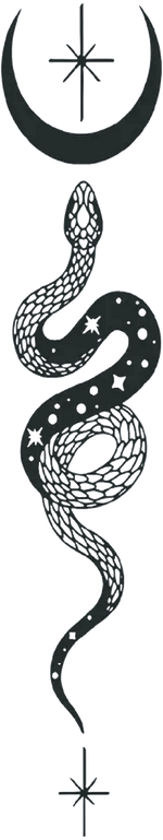 Astral Serpent — fine-line celestial snake with crescent moon and stars, semi permanent tattoo, 6x1.5 inch, for spine or forearm
