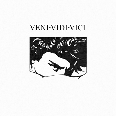 Veni Vidi Vici Gladiator — Latin phrase with bold Roman gladiator portrait in black ink, semi permanent tattoo, for upper back, forearm or chest