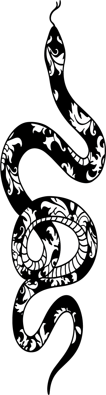 Paisley Serpent — coiled snake filled with paisley and floral pattern, semi permanent tattoo, 6x1.5 inch, for spine or forearm